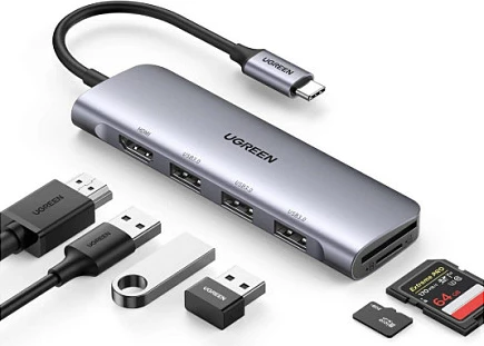 Hub USB-C Ugreen CM511, 6-në-1, HDMI 4K, 3x USB-A, lexues SD/TF, argjendtë