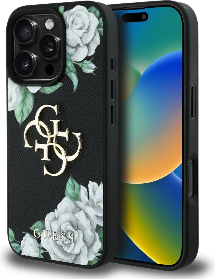 Mbështjellës Guess Grained Roses Big 4G logo për iPhone 16 Pro Max, i zi