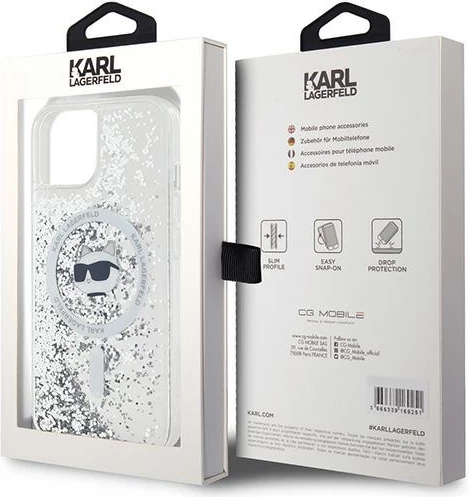 Mbështjellës Karl Lagerfeld Liquid Glitter Choupette Head MagSafe për iPhone 14/15/13, Transparent