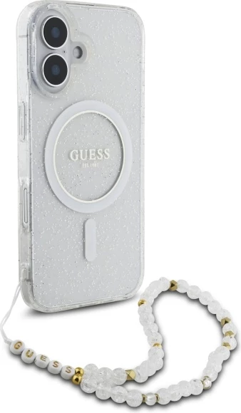 Mbështjellës Guess IML Glitter me rrip perlash MagSafe për iPhone 16, Transparent