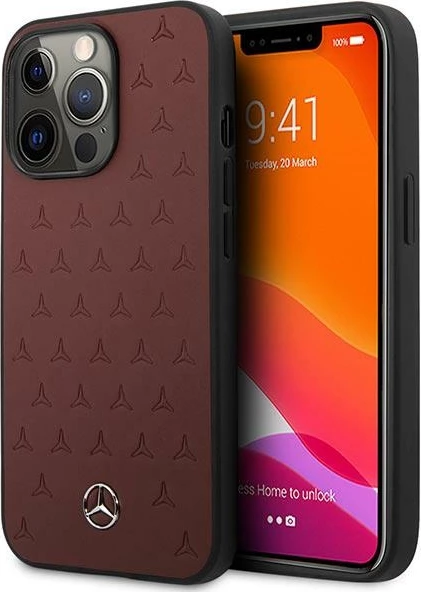 Mbështjellës Mercedes MEHCP13LPSQRE për iPhone 13/13 Pro 6.1\", lëkurë + TPU, hardcase, Stars Pattern, i kuq, në kuti
