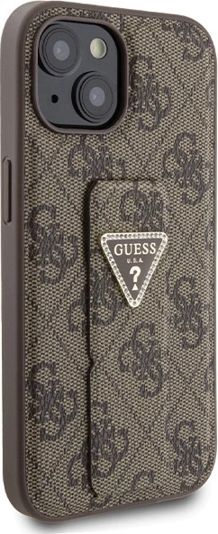 Mbështjellës Guess Grip Stand 4G Triangle Strass për iPhone 15, Kafe