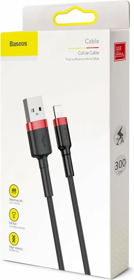 Kabllo Baseus Cafule CALKLF-R91, USB-A në Lightning, 3m, e zezë/kuqe