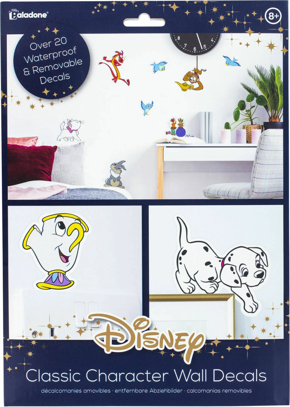 Stikerë muri Paladone Disney Classic Character Wall Decals, vinil të heqshme e rezistente në ujë, mbi 20 copë, 6 fletë