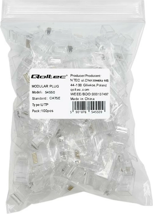 Set lidhës modular RJ45 Qoltec CAT5e, 100 copë, pa mbrojtje, kontakte të arta