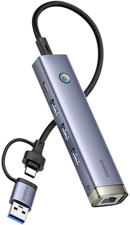 Hub Baseus UltraJoy 4in1, USB-A & USB-C në 3xUSB3.0 + USB-C + RJ45, Gri