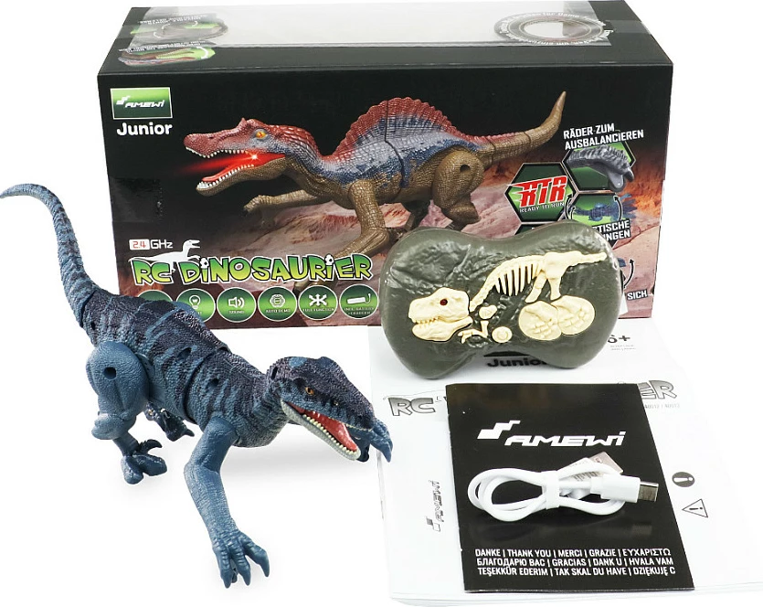 Lodër dinosaur AMEWI 40010 Velociraptor me kontroll 2.4 GHz, drita dhe tinguj, LiPo 100 mAh, gri