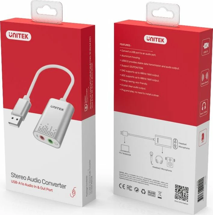 Kartë zëri e jashtme USB Unitek Y-247A, stereo, 2x 3.5mm, 16-bit, Argjendtë