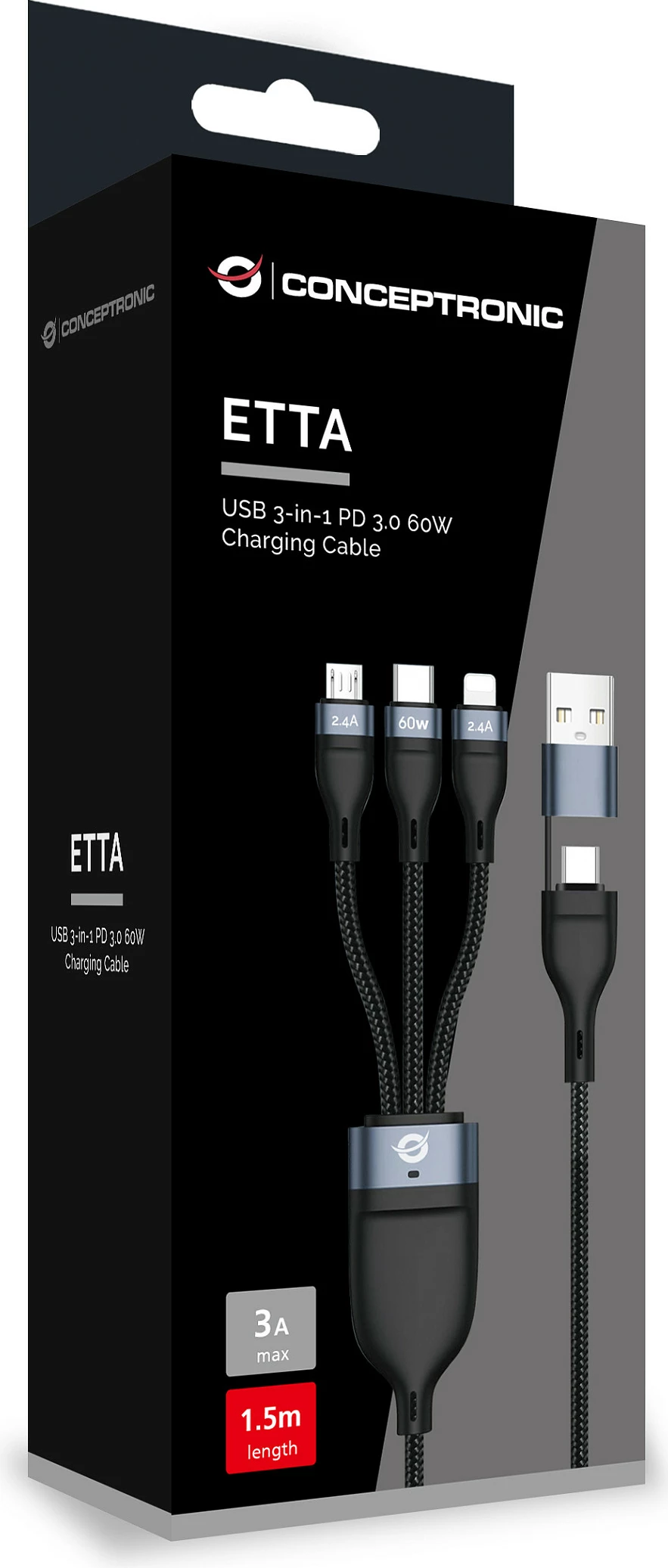 Kabllo karikimi Conceptronic ETTA05B15 3-në-1 USB-C PD 60W, 1.5m, USB-C/Micro-USB/Lightning, e zezë