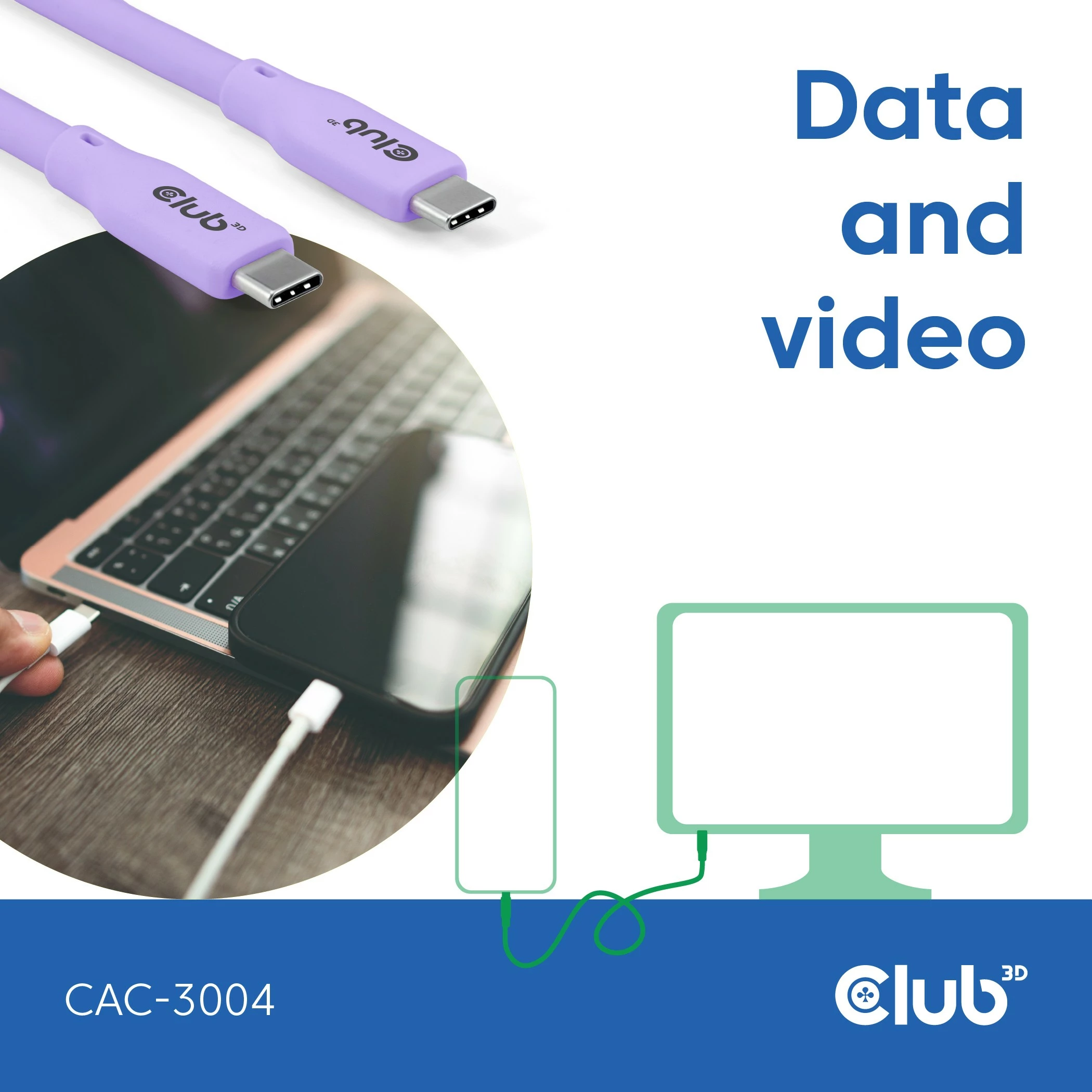Kabllo USB-C Club3D Lifestyle CAC-3004, 2m, 240W, 20Gbps, lila