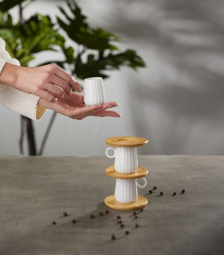 Set filxhanësh espresso Ripple, 6 copë, porcelan i bardhë, bambu natyral, 26x23x6