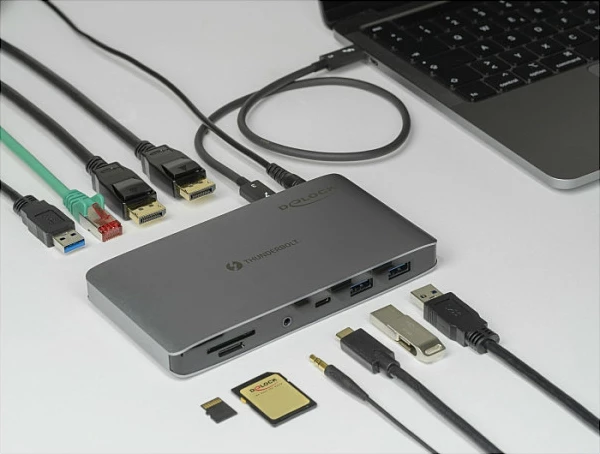 Stacion dokimi DeLOCK Thunderbolt 3 8K, 2x DisplayPort, USB, LAN Gigabit, SD/MicroSD, PD 60W, gri