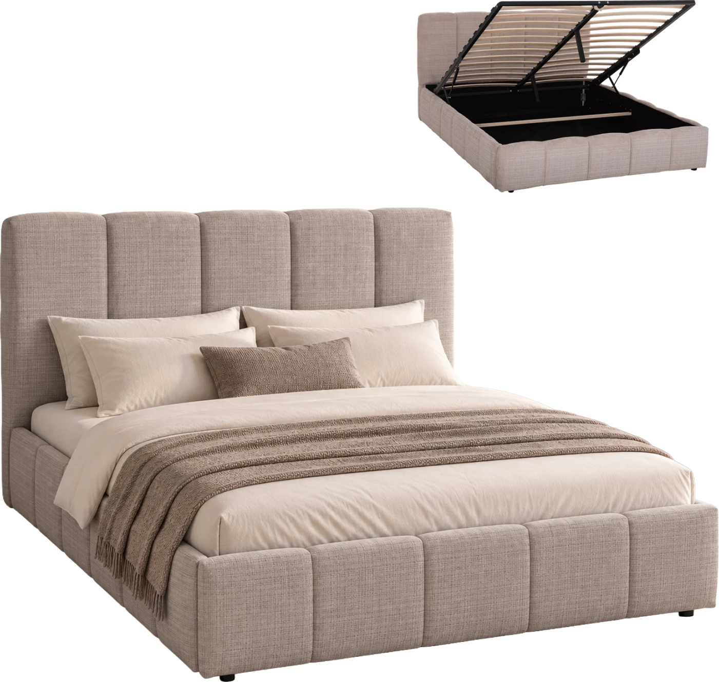 Krevat dopio me hapësirë magazinimi ENYA FH763.03, pëlhurë bezhë e çelët, për dyshek 160x200cm