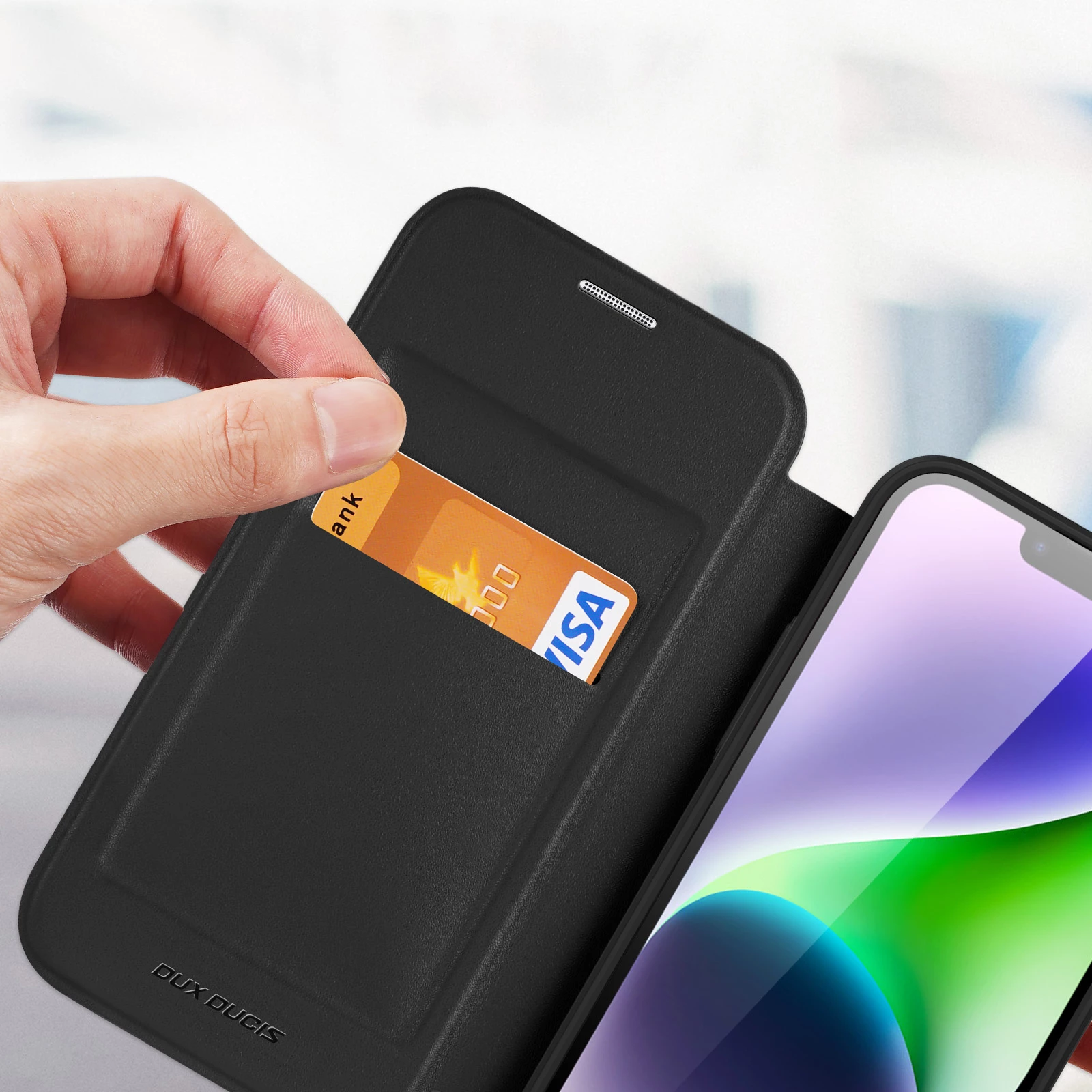 Mbështjellës me kapak magnetik MagSafe, Dux Ducis, Skin X Pro, për iPhone 15, me qëndrim dhe xhepa për karta/portofol, e zezë