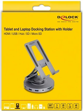 Docking station DeLOCK 4K me mbajtëse, HDMI, LAN, USB-C/USB-A, SD/MicroSD, PD 60W, 360° rrotullues, gri