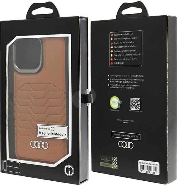 Mbështjellës Audi për iPhone 14 Pro Max, lëkurë sintetike, MagSafe, kafe