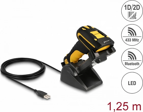 Skaner barkodesh DeLOCK Industrial 1D/2D, Bluetooth 4.1/433 MHz, me bazë karikimi induktive, zi/verdhë