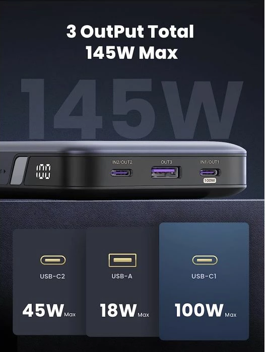 Powerbank UGREEN 90597A 25000mAh 145W 3 porta, gri