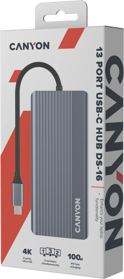 Hub USB-C CANYON DS-16 13n1 4K me Power Delivery, gri
