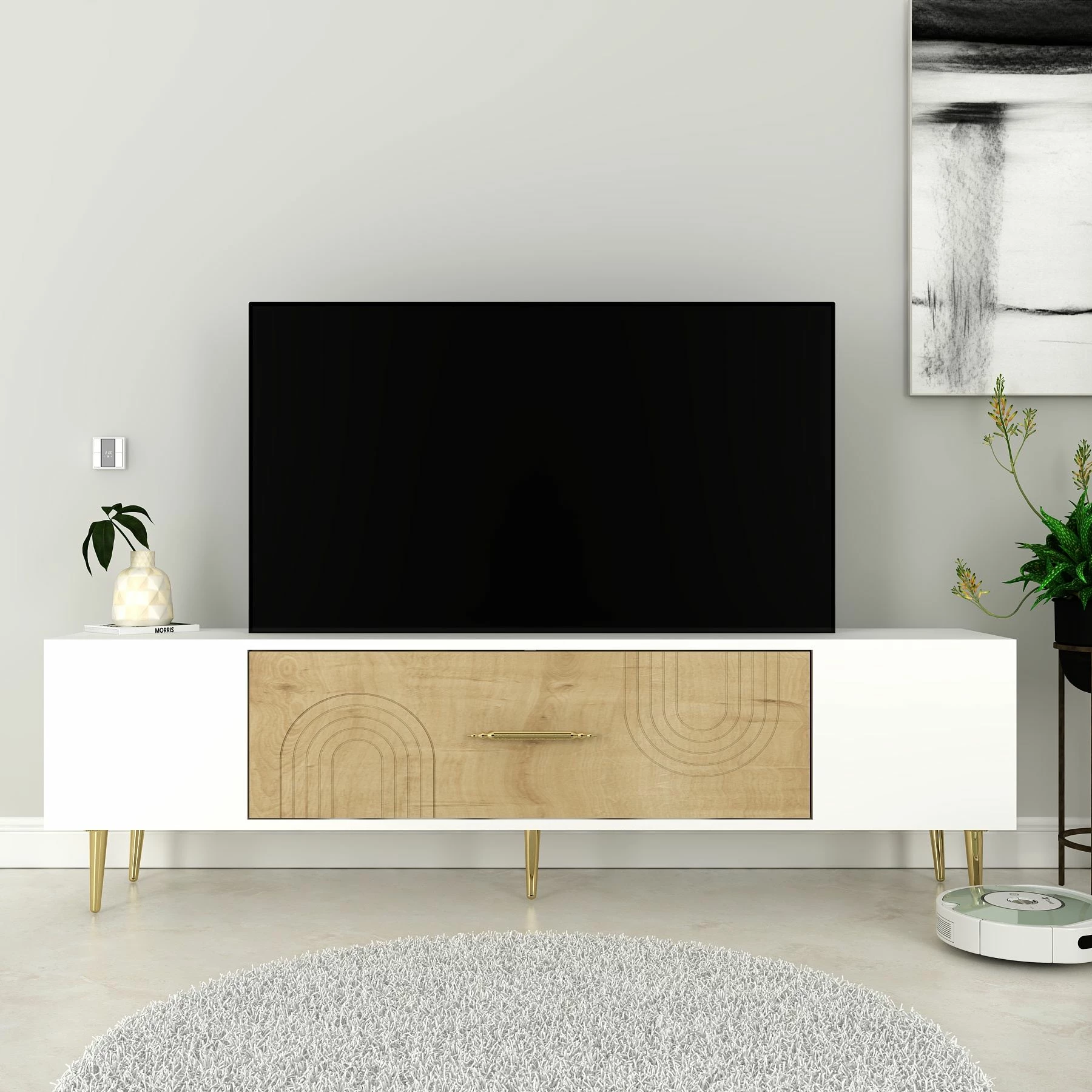 Komodë TV Skye Decor, e bardhë, lis safir, e artë, Dekol2