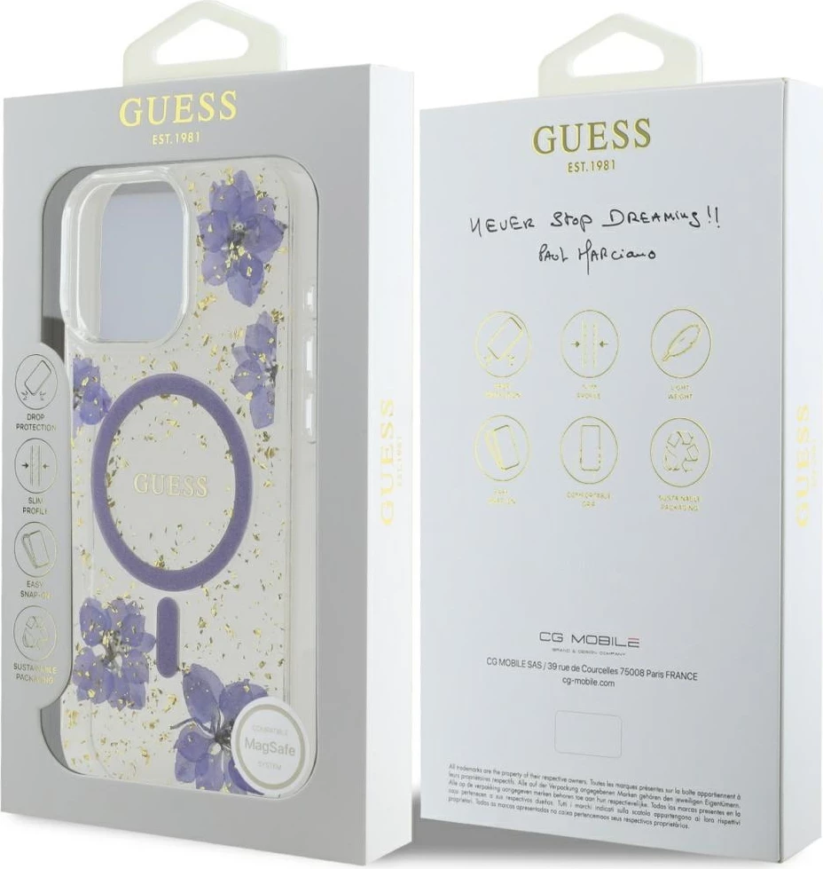 Mbështjellës MagSafe, Guess Resin Flowers, për iPhone 16 Pro 6.3", hardcase TPU/PC, vjollcë