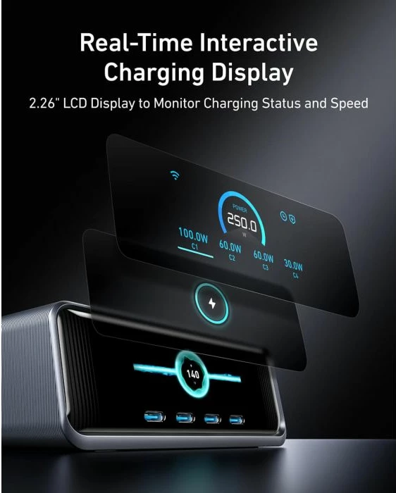 Karikues tavoline Anker Prime GaN A2345341, 250W, 6 porta (4x USB-C + 2x USB-A), ekran LCD 2.26", gri e errët