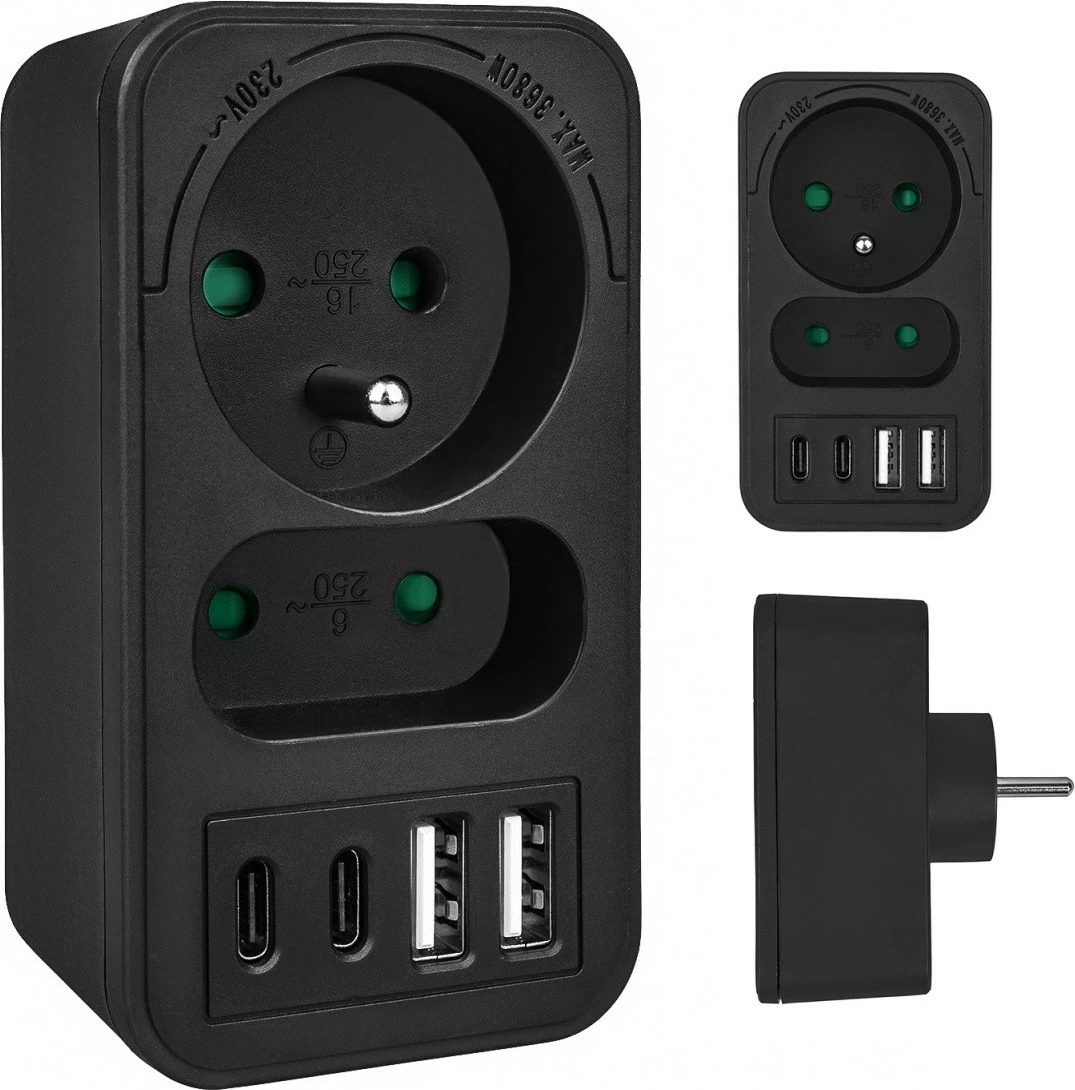 Shpërndarës prizë Maclean MCE249 F/B, 1x Schuko + 1x Euro, 2x USB-A 18W, 2x USB-C PD 20W, e zezë