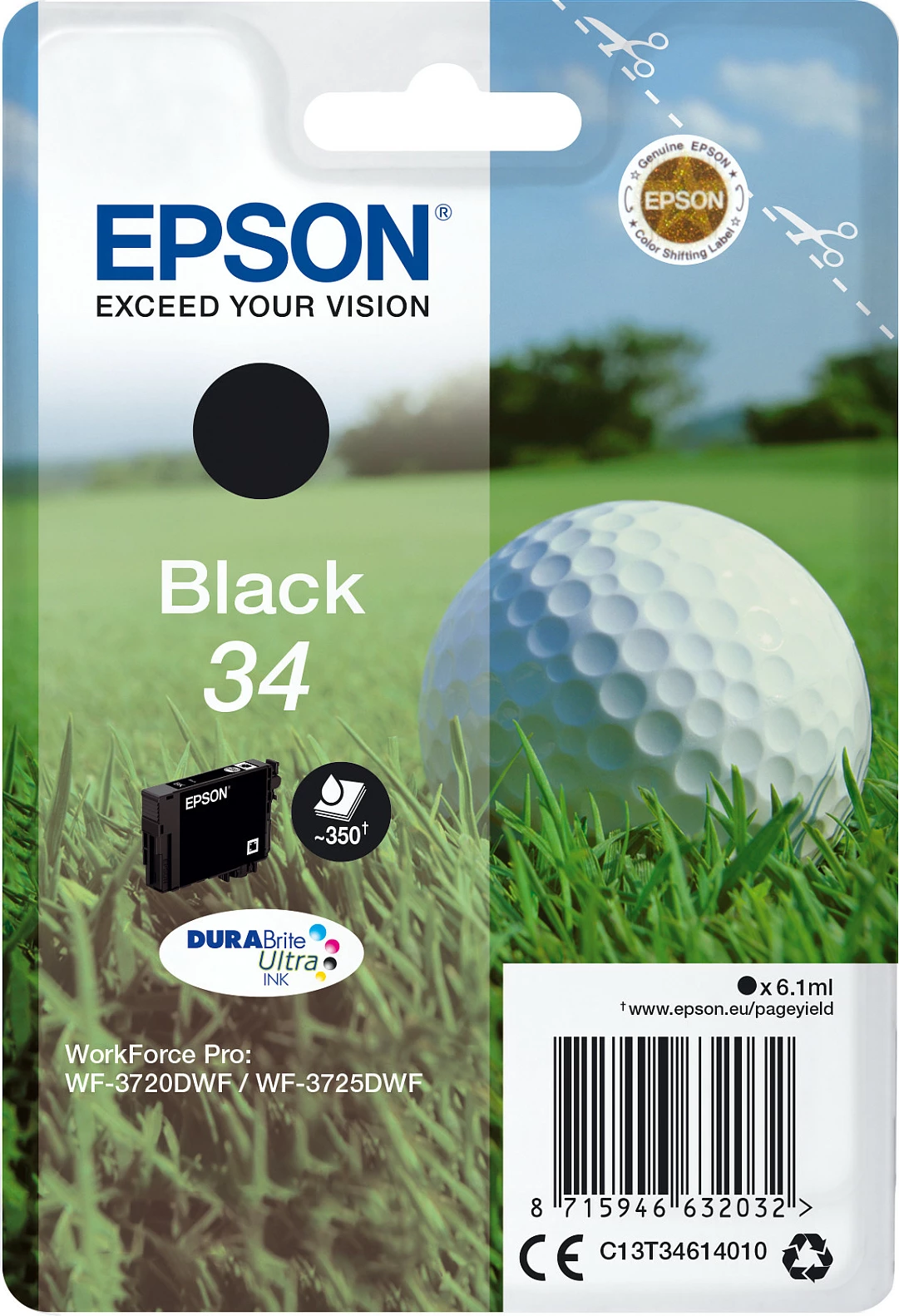 Toner Epson Golf ball Singlepack Black 34 DURABrite Ultra Ink, 6.1ml, për WorkForce Pro WF-3725DWF/WF-3720DWF