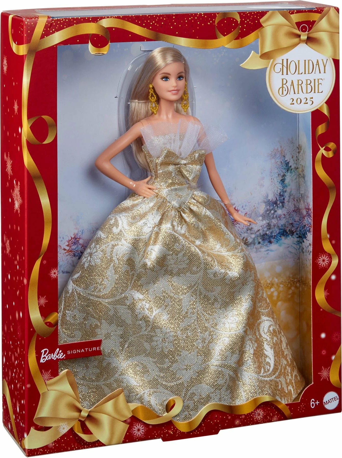 Kukull koleksionuese Barbie Mattel Signature Holiday Barbie 2025 JBH95, fustan gold-silver