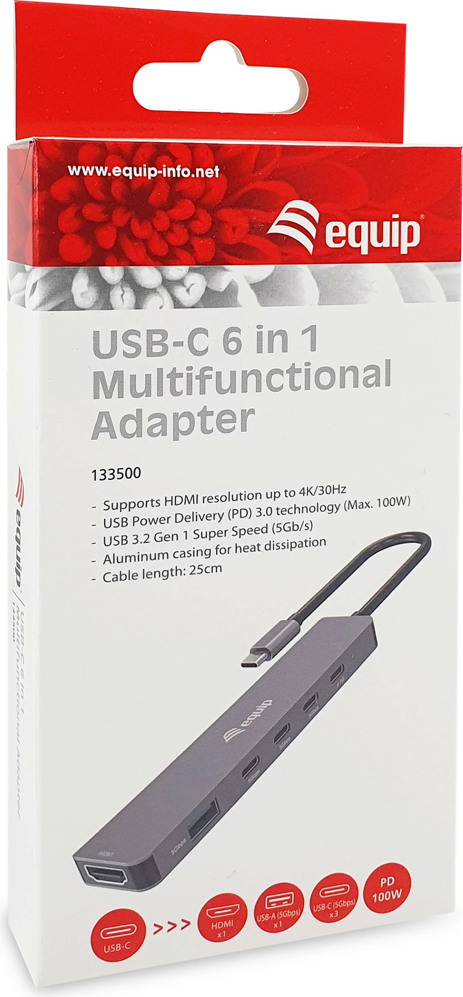 Adapter USB-C EQUIP 133500, 6-në-1, HDMI 4K, USB-A 5Gbps, USB-C x4, PD 100W, gri