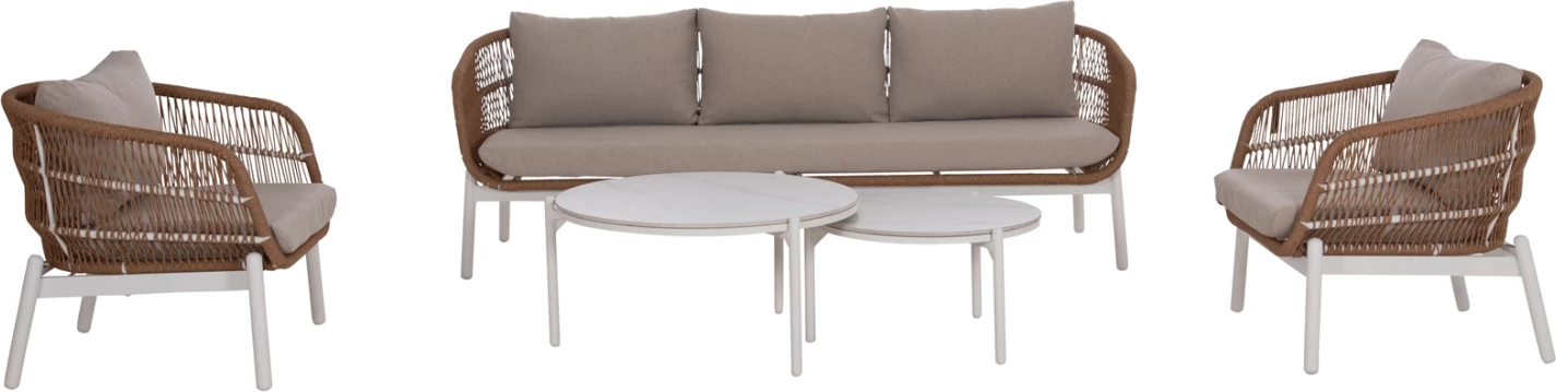 Set lounge për jashtë 5 pjesë MEMFIS, alumin, litar, sipërfaqe qeramike, e bardhë