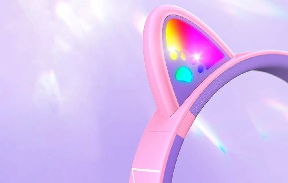 Kufje për fëmijë PowerLocus Bobo Cat Ears, Bluetooth 5.3, on-ear, me mikrofon, 45h, me LED, vjollcë
