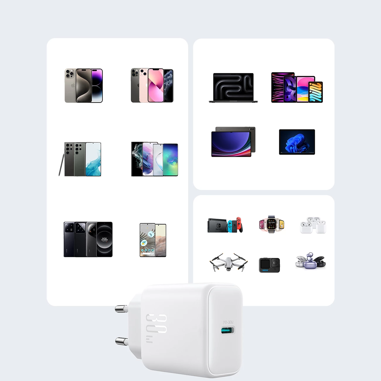 Karikues rrjeti USB-C PD 30W QC SFC, Joyroom JR-TCF24, 1 port, PPS, prizë EU, kabllo USB-C 1m, i bardhë, set