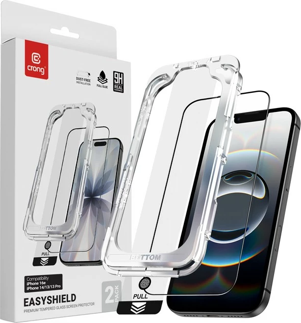 xham i temperuar CRONG EasyShield CRGES2PIP16E 9H edge-to-edge me kornizë të zezë për iPhone 16e/14/13/13 Pro 2 copë