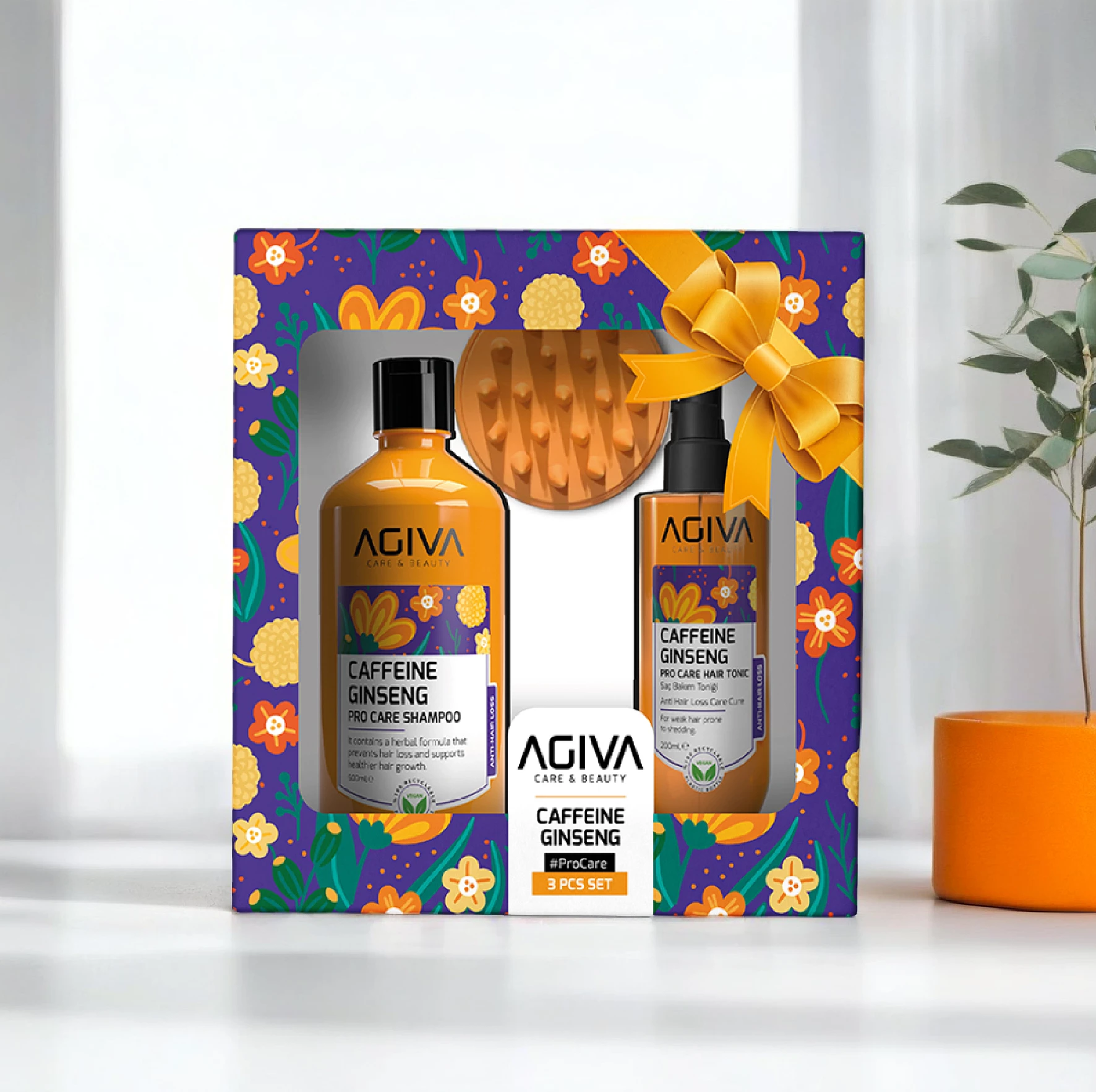 Set 3 pjesësh Pro Care Agiva Caffeine Ginseng (Shampon 500 ml+Tonik 200 mll+ Krehër)