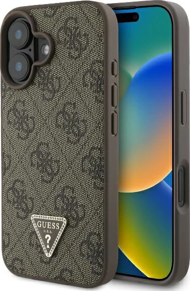 Mbështjellës, Guess, Leather 4G Triangle Strass, për iPhone 16 6.1", MagSafe, TPU/PC me lëkurë eko, kafe