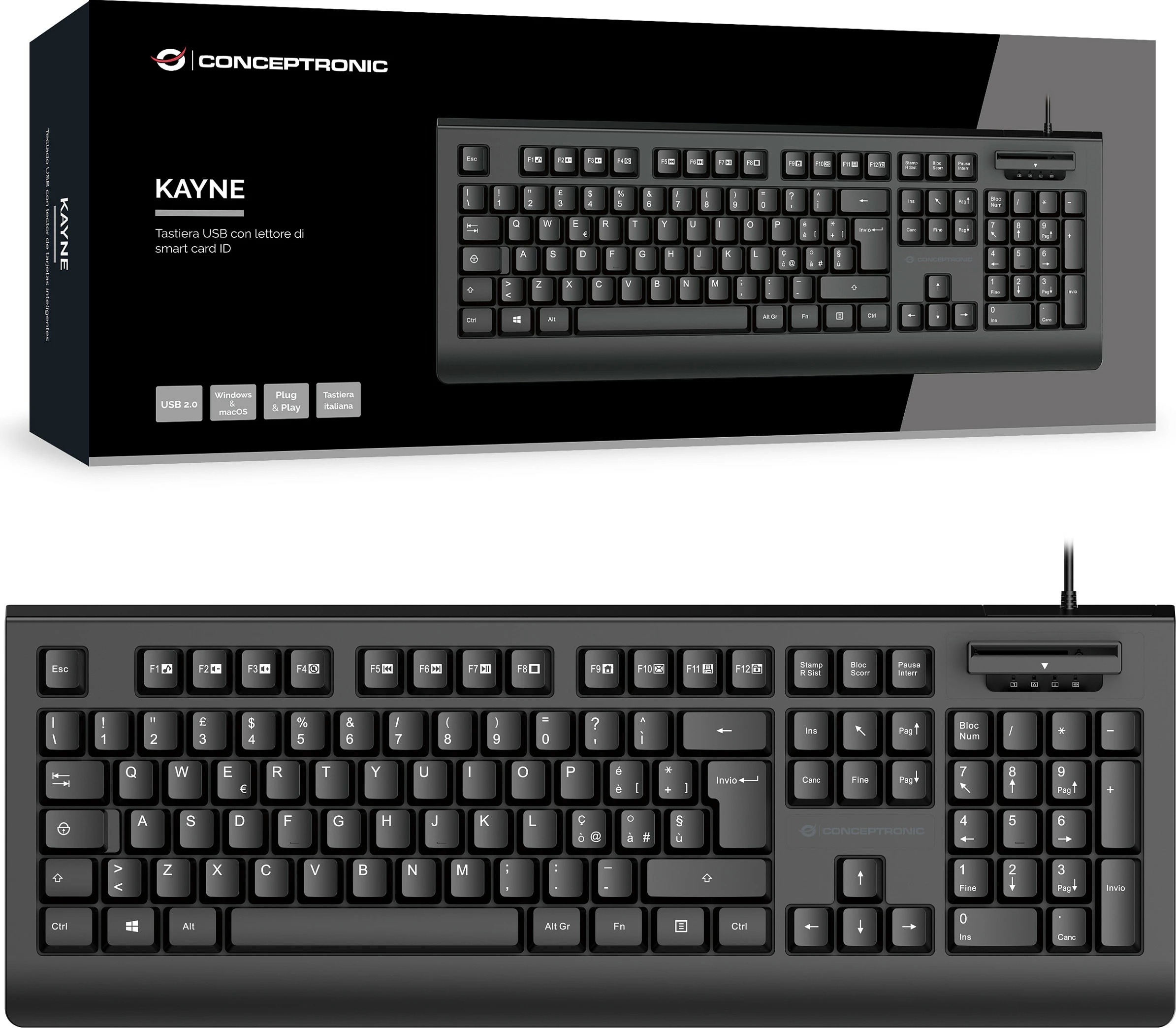 Tastierë Conceptronic KAYNE01IT, USB me lexues kartelë smart ID, QWERTY italisht, full-size, e zezë