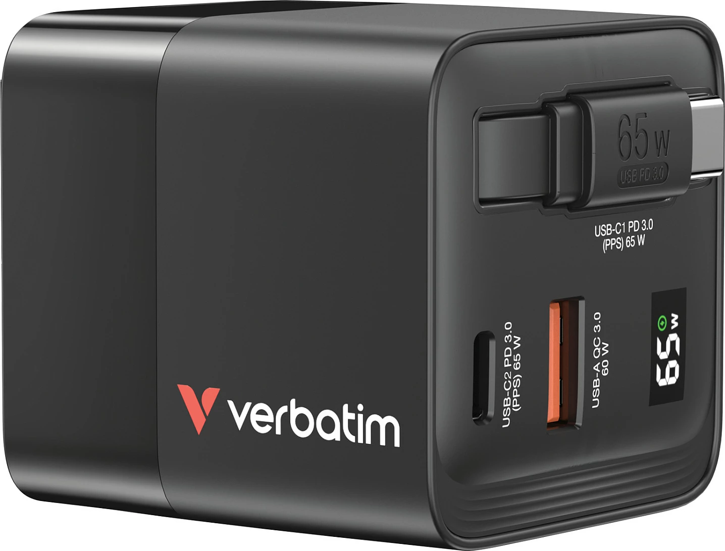 Karikues Verbatim GaN 65W, 2 porta USB-C PD/USB-A QC, kabllo e tërheqshme, EU/UK/US, i zi