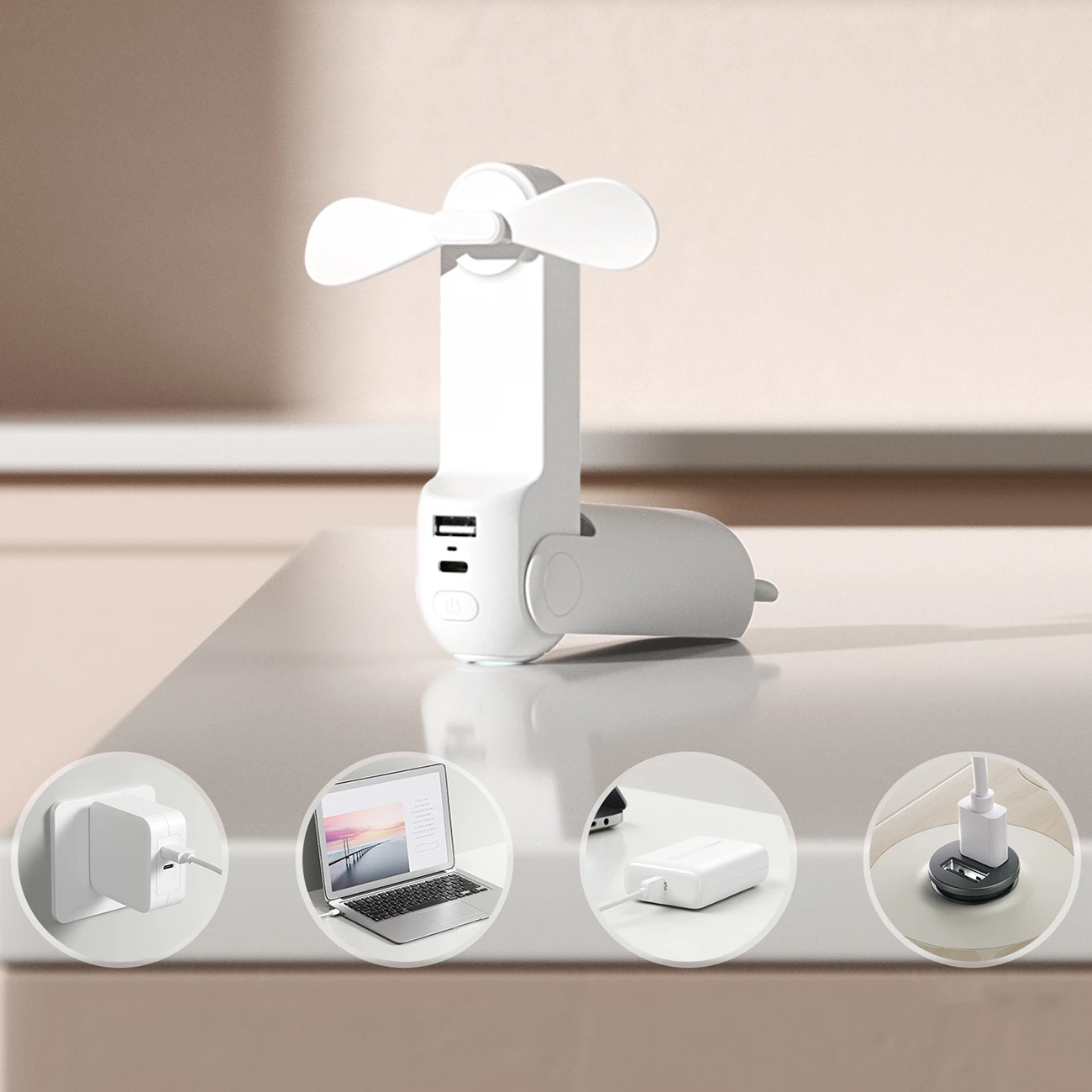 Ventilator dore Jisulife Life8 mini portativ USB 2000mAh 3-në-1 me power bank dhe llambë LED, i bardhë, set
