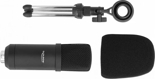Mikrofon podcastimi DeLOCK Professional, XLR/3.5mm, me tripod tavoline, 2.5 m, i zi