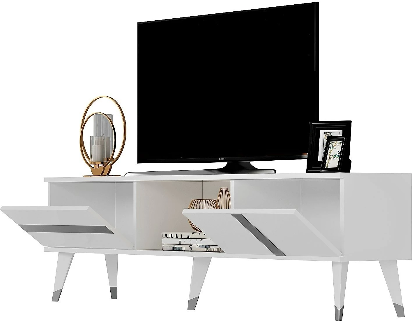 Komodë TV Skye Decor, Vania, e bardhë, argjend