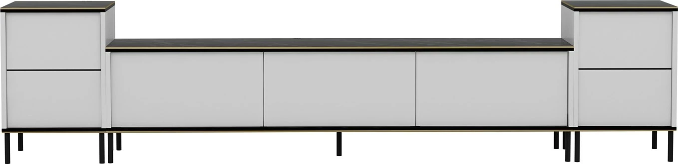 Komodë TV Skye Decor, e bardhë, mermer, me dy komodina