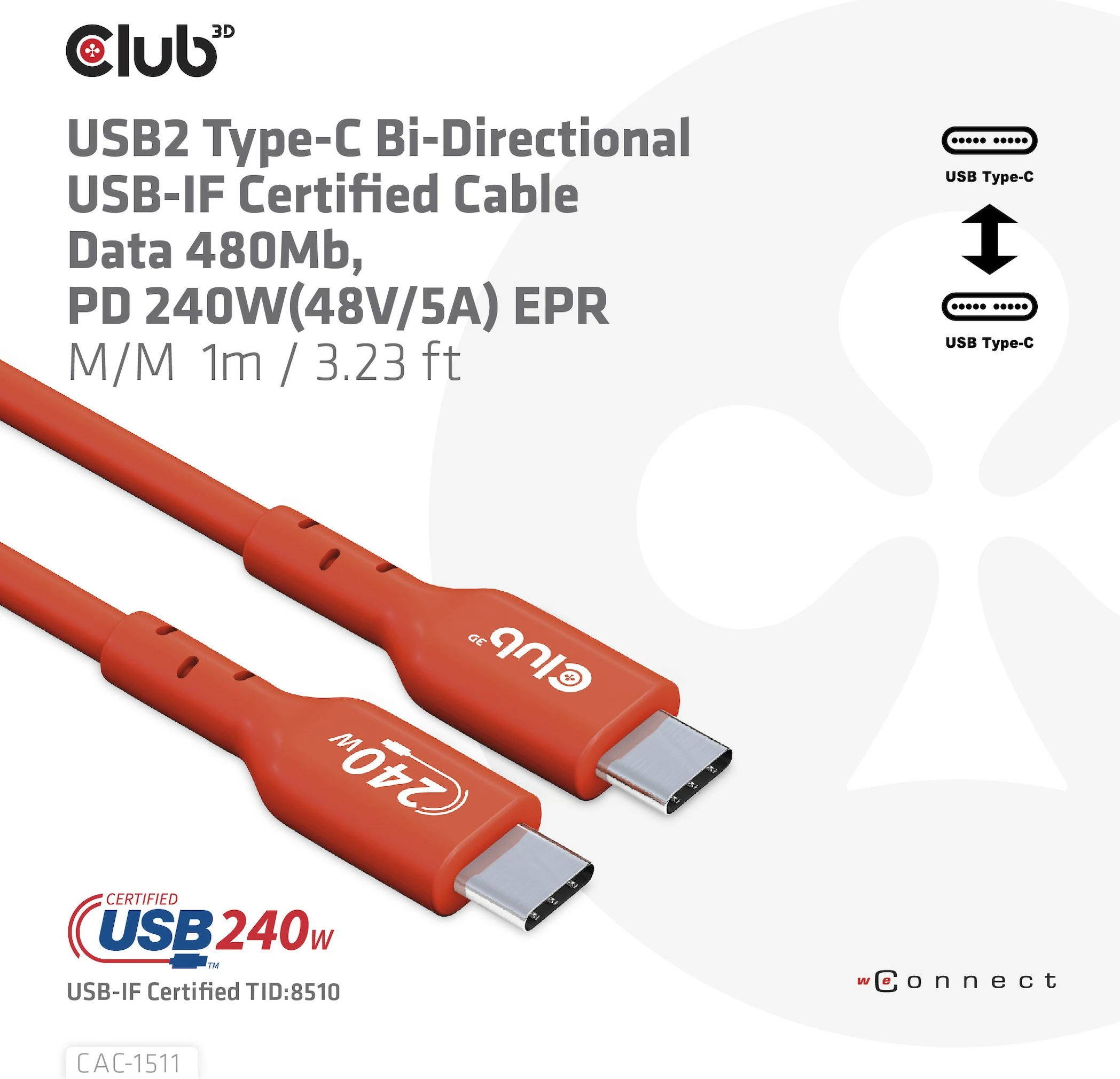 Kabllo USB Type-C Club3D 1m, PD 240W, 480Mb/s, e kuqe