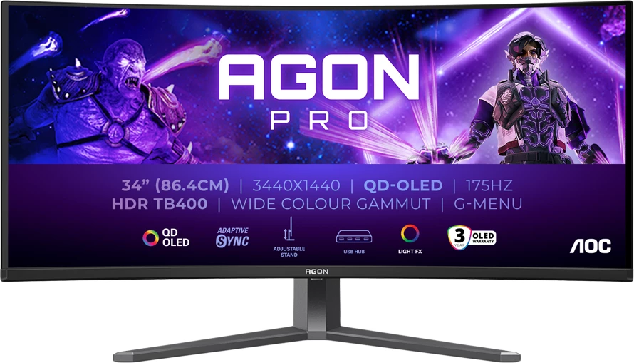 Monitor AOC AGON PRO AG346UCD 34\" i lakuar QD-OLED 3440x1440 175Hz 0.03ms FreeSync Premium Pro, hiri i errët