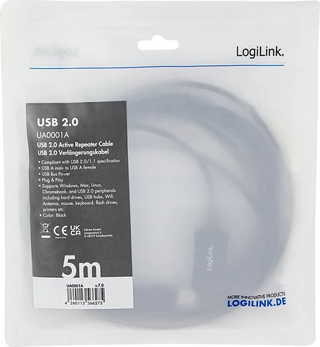 Kabllo zgjatëse USB 2.0 LogiLink, A mashkull në A femër, repeater aktiv 5m, e zezë
