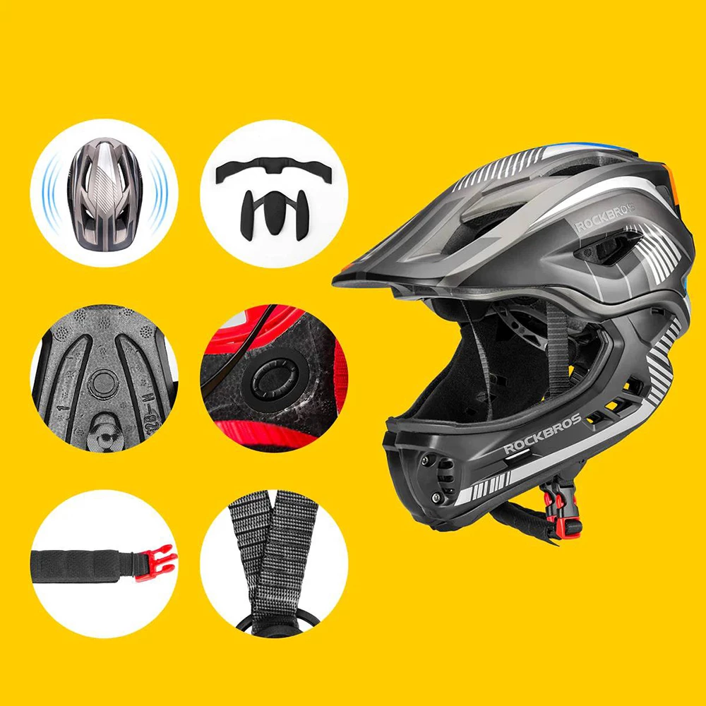 Helmetë biçiklete për fëmijë, Rockbros TT-32SBTG-M, me mjekër të heqshme, M (54-58 cm), gri/zezë
