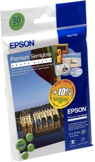Letër fotografike gjysmë-shkëlqim, Epson, Premium Semigloss Photo Paper C13S041765, 10 x 15 cm, 251 g/m², 50 fletë, për inkjet, e bardhë