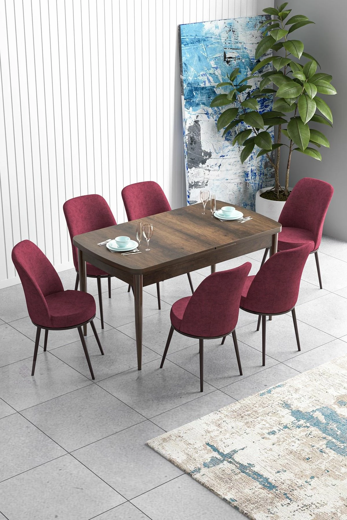 Tavolinë me karrige për ngrënie, e zgjatshme, 7 copë, ngjyrë barok dhe burgundy, Skye Decor Han
