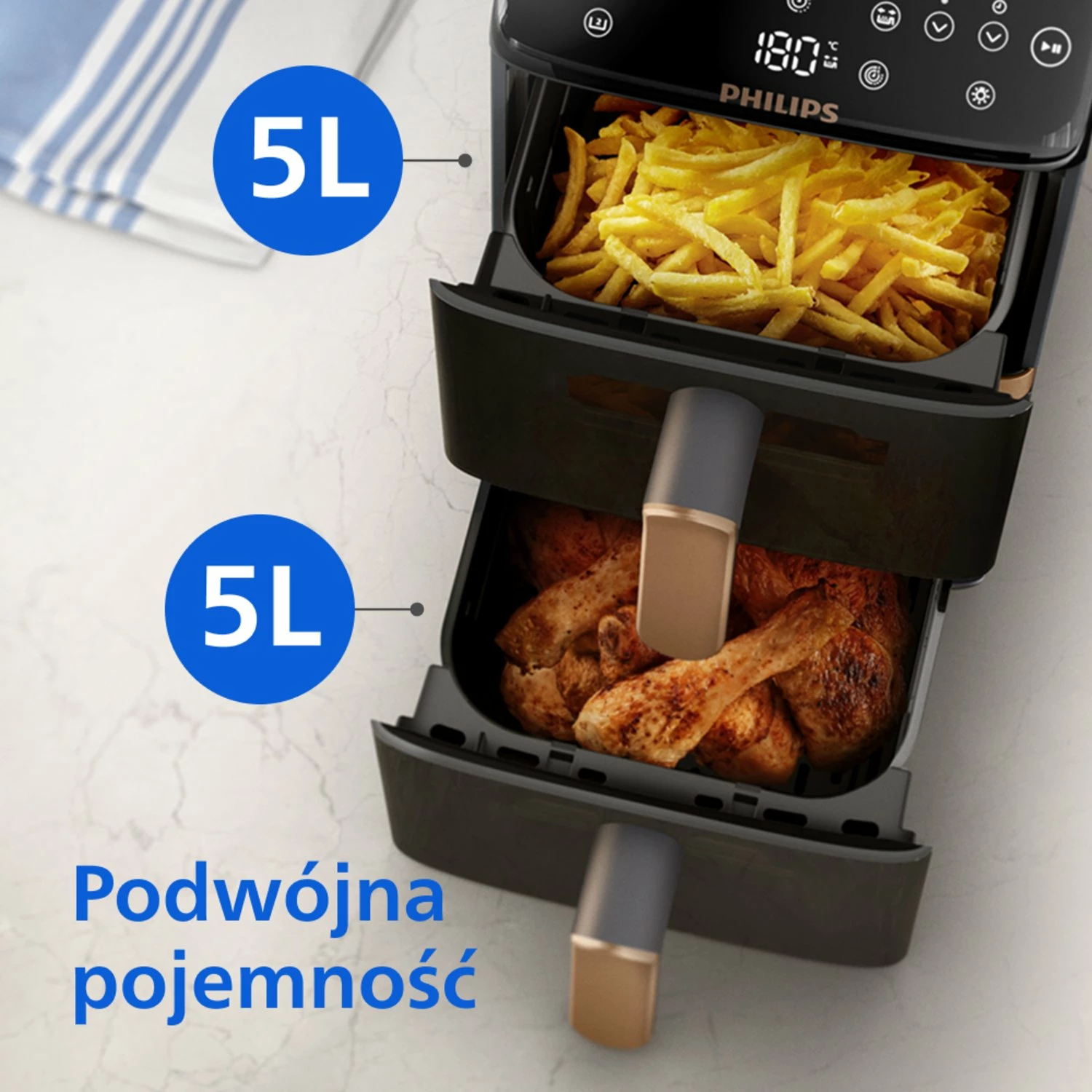 Fritezë pa vaj Philips 4000 Series NA462/70 10L 2750W me dy shporta, touch, e zezë