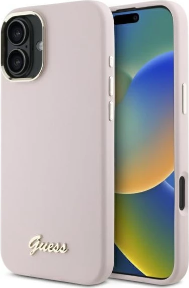 Mbështjellës Guess Silicone Script Metal Logo & Frame për iPhone 16 Plus, Rozë